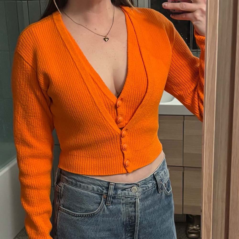 Vibrant Orange Derek Lam Women's Sweater size M preppy ribbed crop cardigan